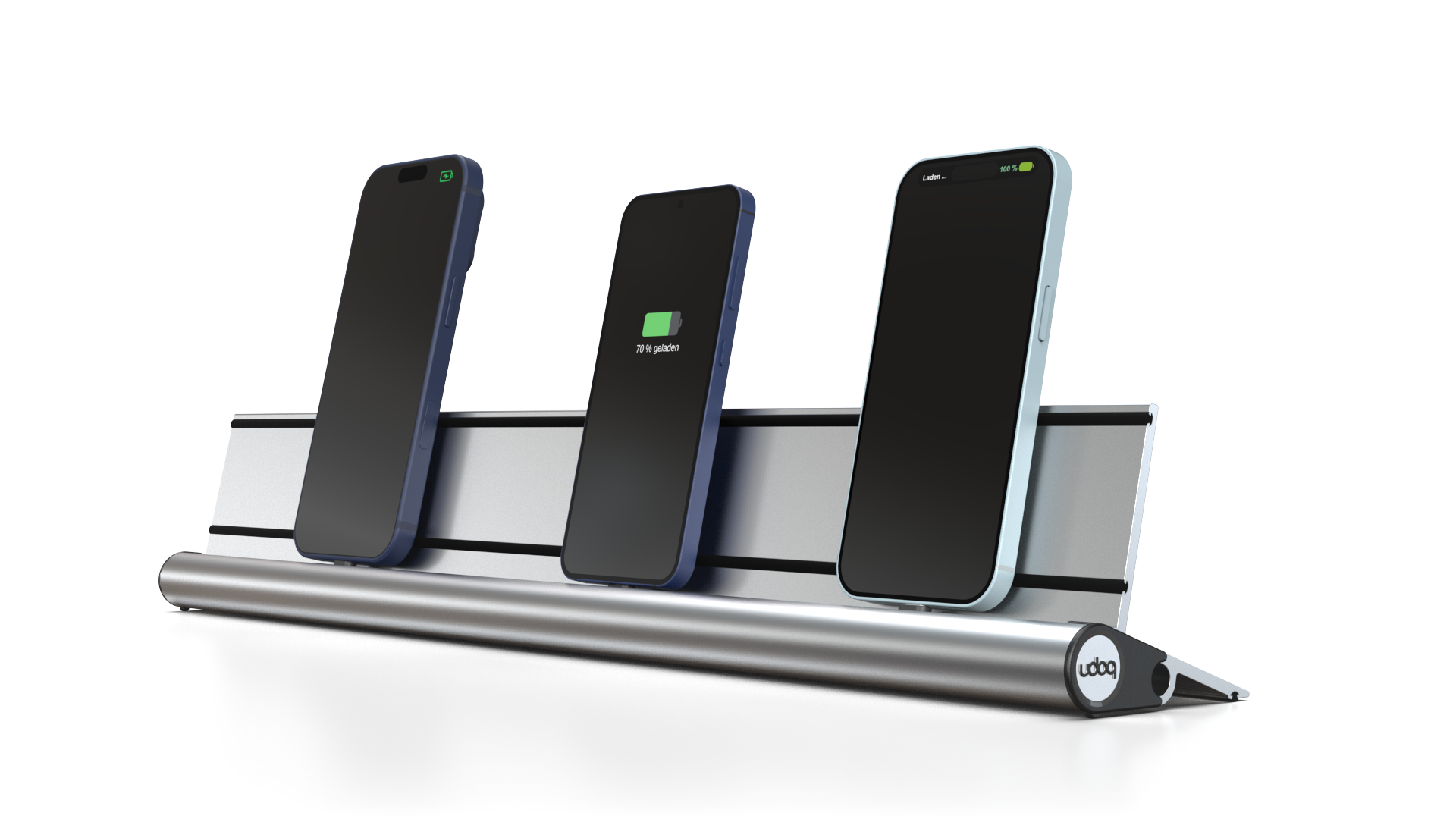 udoq 550 STARTER silber - 3 fach Ladestation gefräst und eloxiert aus solidem Aluminium. Exklusives Design mit patentierten verschiebbaren Anschlüssen. Lade platzsparend alle iPad, iPhone, AirPods, Apple Watch und Android Geräte mit bis zu 136W.