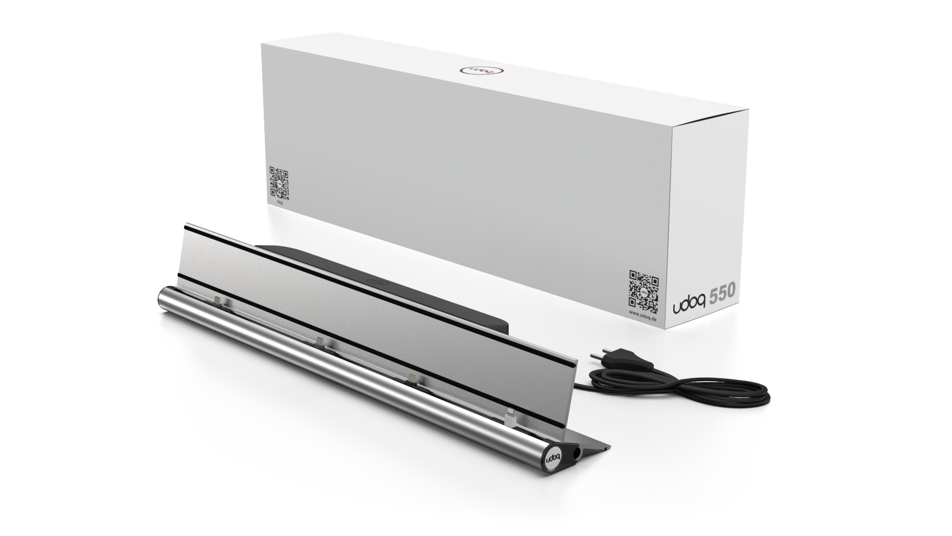 udoq 550 STARTER silber - 5 fach Ladestation gefräst und eloxiert aus solidem Aluminium. Exklusives Design mit patentierten verschiebbaren Anschlüssen. Lade platzsparend alle iPad, iPhone, AirPods, Apple Watch und Android Geräte mit bis zu 136W.