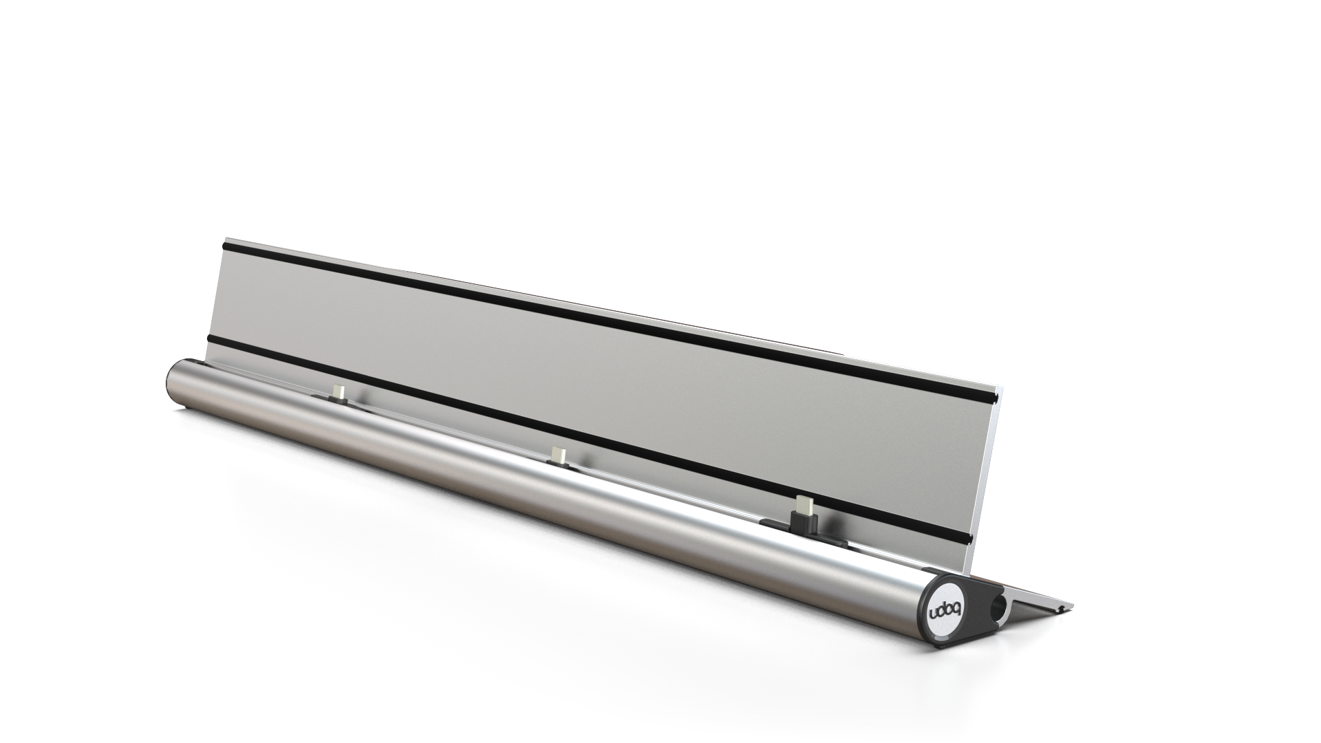 udoq 550 STARTER silber - 3 fach Ladestation gefräst und eloxiert aus solidem Aluminium. Exklusives Design mit patentierten verschiebbaren Anschlüssen. Lade platzsparend alle iPad, iPhone, AirPods, Apple Watch und Android Geräte mit bis zu 136W.