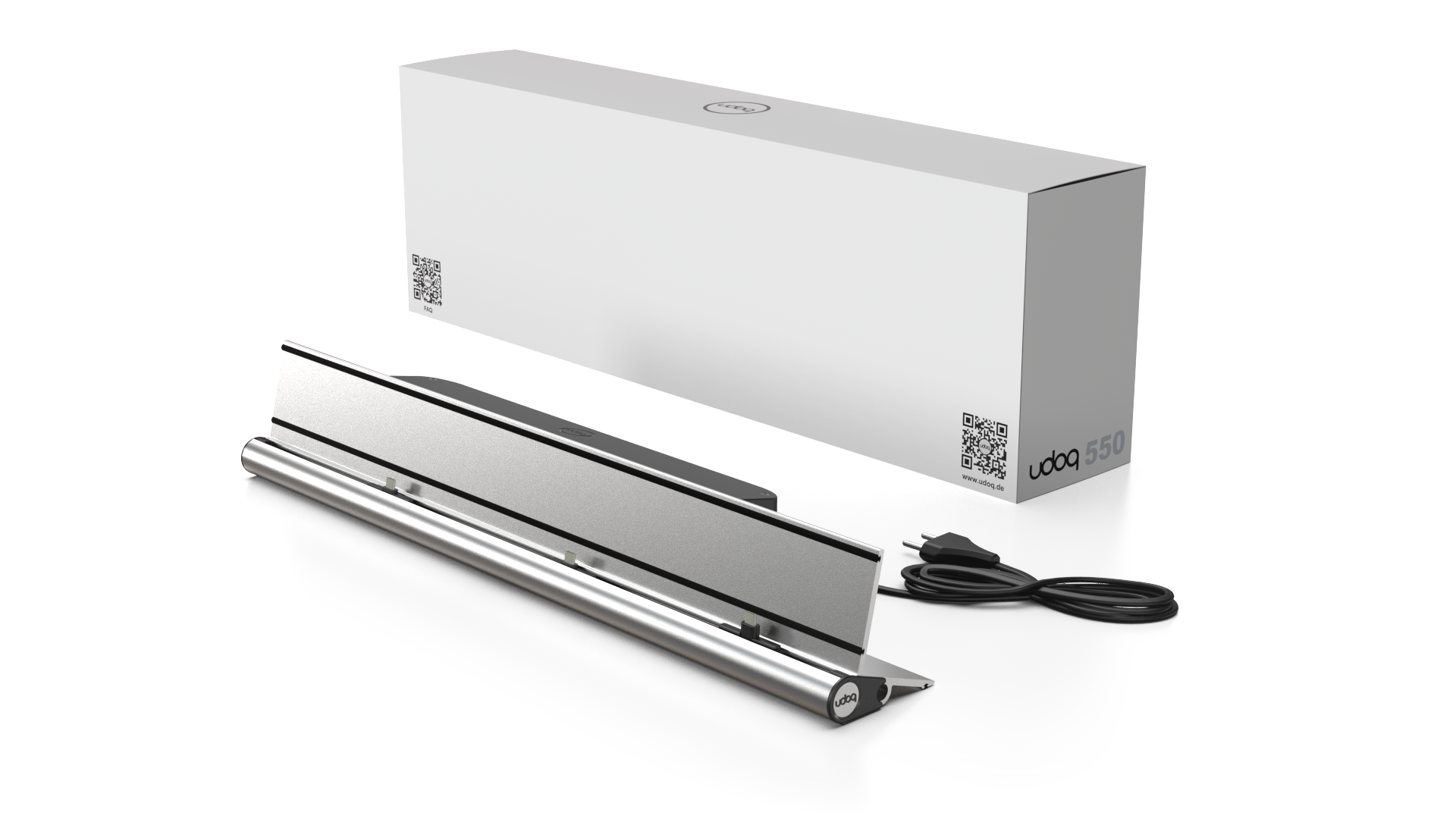 udoq 550 STARTER silber - 3 fach Ladestation gefräst und eloxiert aus solidem Aluminium. Exklusives Design mit patentierten verschiebbaren Anschlüssen. Lade platzsparend alle iPad, iPhone, AirPods, Apple Watch und Android Geräte mit bis zu 136W.