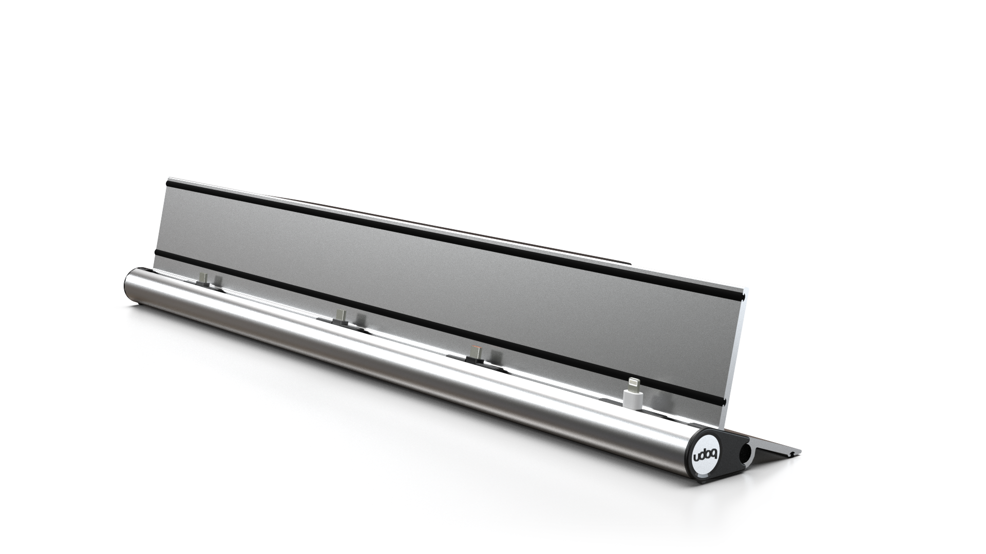 udoq 550 STARTER silber - 5 fach Ladestation gefräst und eloxiert aus solidem Aluminium. Exklusives Design mit patentierten verschiebbaren Anschlüssen. Lade platzsparend alle iPad, iPhone, AirPods, Apple Watch und Android Geräte mit bis zu 136W.