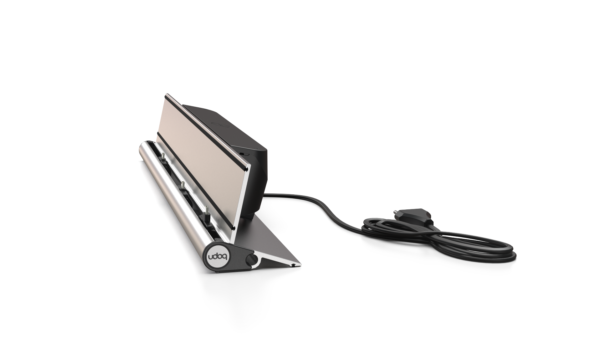 udoq 550 STARTER silber - 3 fach Ladestation gefräst und eloxiert aus solidem Aluminium. Exklusives Design mit patentierten verschiebbaren Anschlüssen. Lade platzsparend alle iPad, iPhone, AirPods, Apple Watch und Android Geräte mit bis zu 136W.