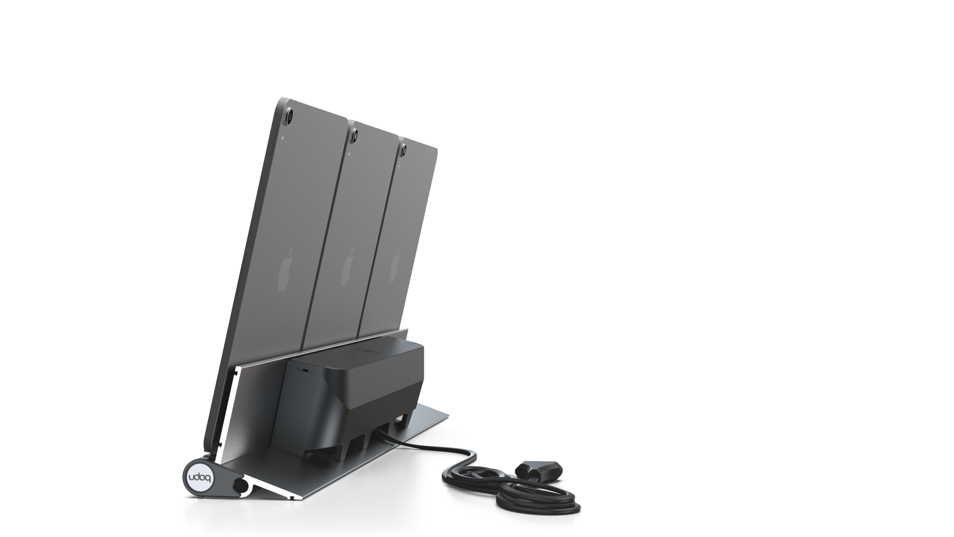 udoq 550 TABLET USB-C silber - 3 fach Ladestation gefräst und eloxiert aus solidem Aluminium. Exklusives Design mit patentierten verschiebbaren Anschlüssen. Lade platzsparend alle iPad, iPhone, AirPods, Apple Watch und Android Geräte mit bis zu 136W.