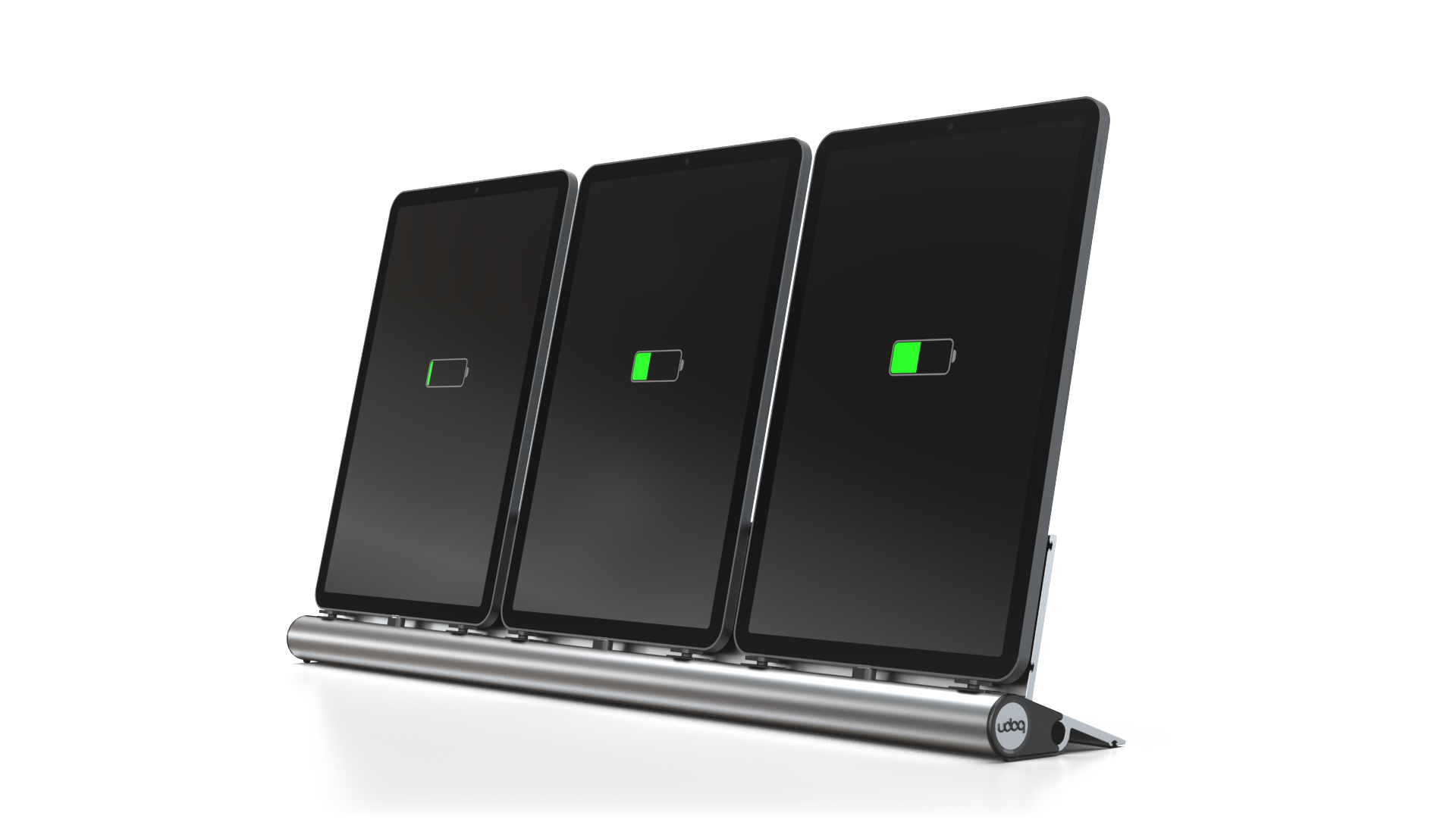 udoq 550 TABLET USB-C silber - 3 fach Ladestation gefräst und eloxiert aus solidem Aluminium. Exklusives Design mit patentierten verschiebbaren Anschlüssen. Lade platzsparend alle iPad, iPhone, AirPods, Apple Watch und Android Geräte mit bis zu 136W.