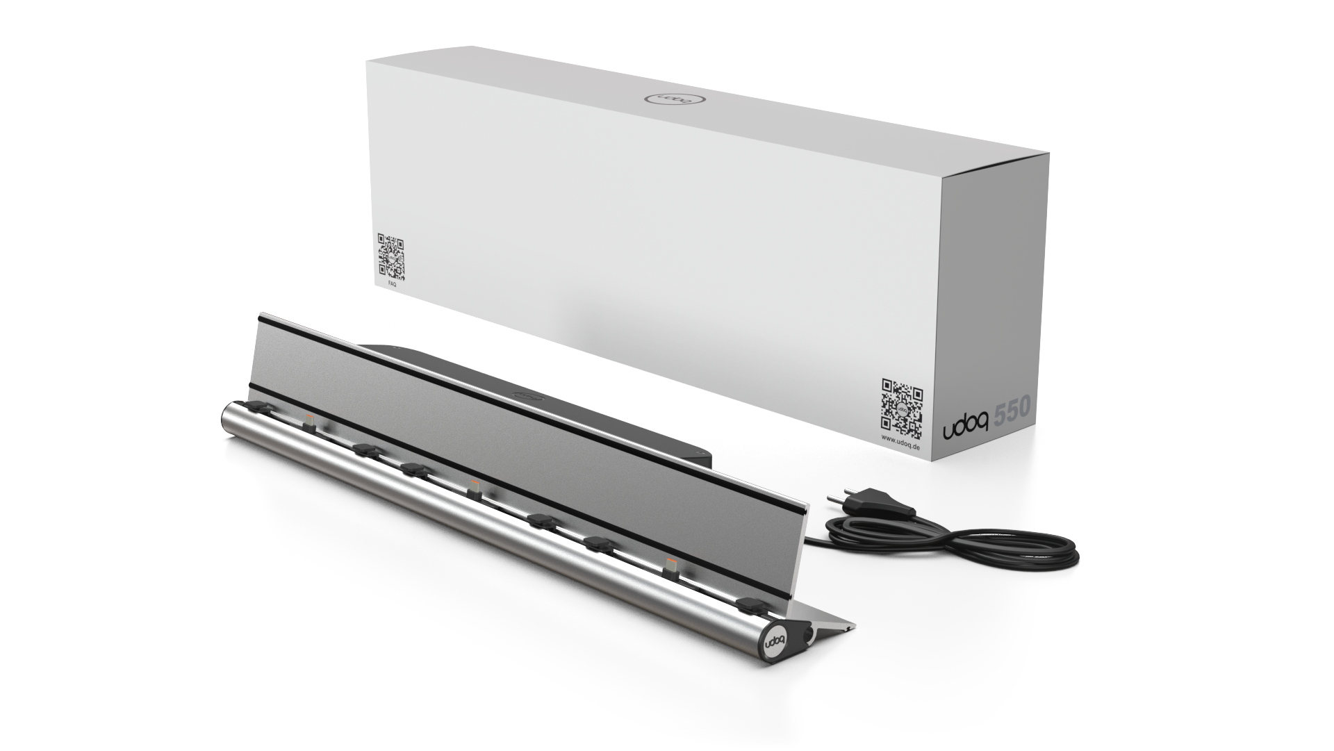 udoq 550 TABLET USB-C silber - 3 fach Ladestation gefräst und eloxiert aus solidem Aluminium. Exklusives Design mit patentierten verschiebbaren Anschlüssen. Lade platzsparend alle iPad, iPhone, AirPods, Apple Watch und Android Geräte mit bis zu 136W.