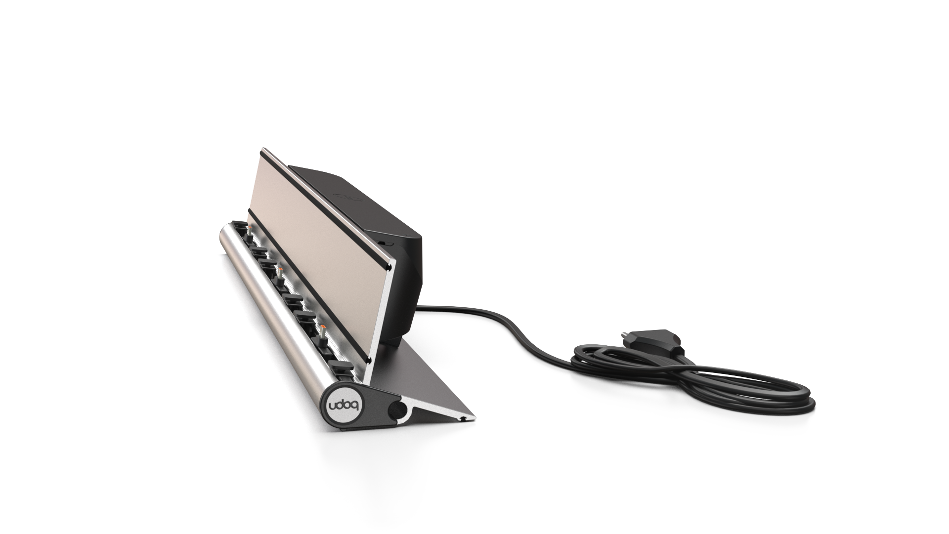 udoq 550 TABLET USB-C silber - 3 fach Ladestation gefräst und eloxiert aus solidem Aluminium. Exklusives Design mit patentierten verschiebbaren Anschlüssen. Lade platzsparend alle iPad, iPhone, AirPods, Apple Watch und Android Geräte mit bis zu 136W.