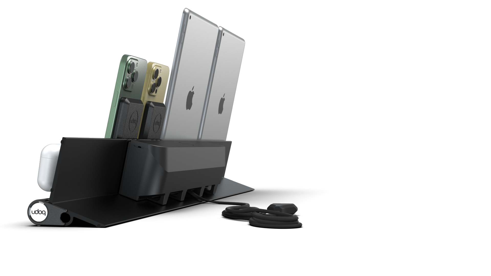 udoq 700 PREMIUM schwarz - 6 fach Ladestation gefräst und eloxiert aus solidem Aluminium. Exklusives Design mit patentierten verschiebbaren Anschlüssen. Lade platzsparend alle iPad, iPhone, AirPods, Apple Watch und Android Geräte mit bis zu 136W.