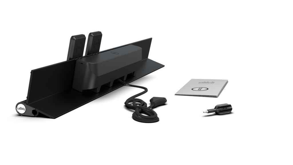udoq 700 PREMIUM schwarz - 6 fach Ladestation gefräst und eloxiert aus solidem Aluminium. Exklusives Design mit patentierten verschiebbaren Anschlüssen. Lade platzsparend alle iPad, iPhone, AirPods, Apple Watch und Android Geräte mit bis zu 136W.