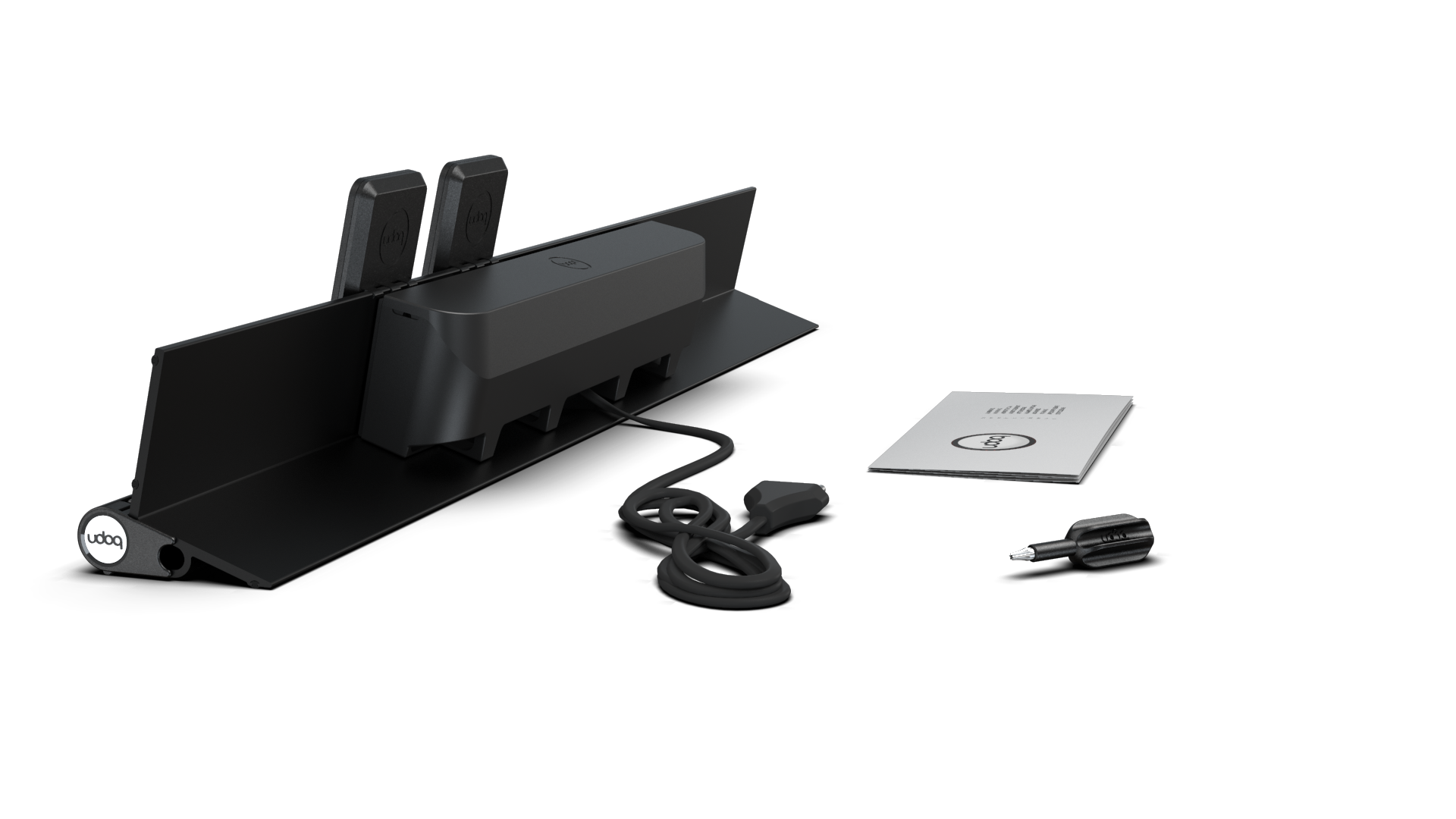 udoq 700 PREMIUM schwarz - 6 fach Ladestation gefräst und eloxiert aus solidem Aluminium. Exklusives Design mit patentierten verschiebbaren Anschlüssen. Lade platzsparend alle iPad, iPhone, AirPods, Apple Watch und Android Geräte mit bis zu 136W.