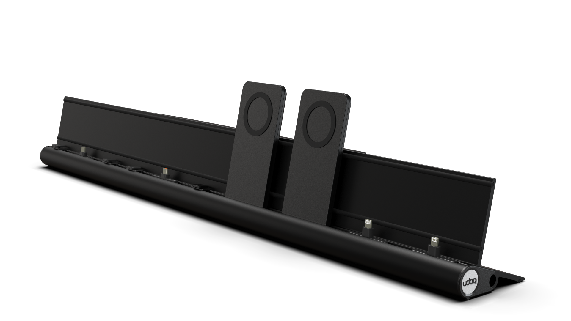 udoq 700 PREMIUM schwarz - 6 fach Ladestation gefräst und eloxiert aus solidem Aluminium. Exklusives Design mit patentierten verschiebbaren Anschlüssen. Lade platzsparend alle iPad, iPhone, AirPods, Apple Watch und Android Geräte mit bis zu 136W.