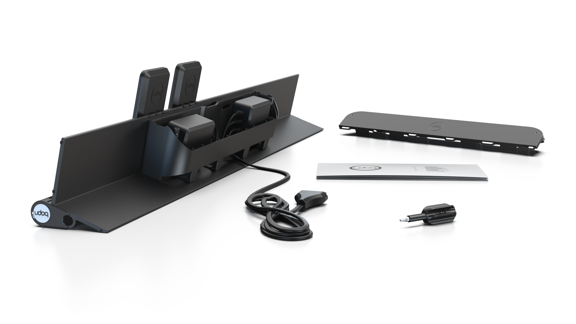 udoq 700 PREMIUM schwarz - 6 fach Ladestation gefräst und eloxiert aus solidem Aluminium. Exklusives Design mit patentierten verschiebbaren Anschlüssen. Lade platzsparend alle iPad, iPhone, AirPods, Apple Watch und Android Geräte mit bis zu 136W.