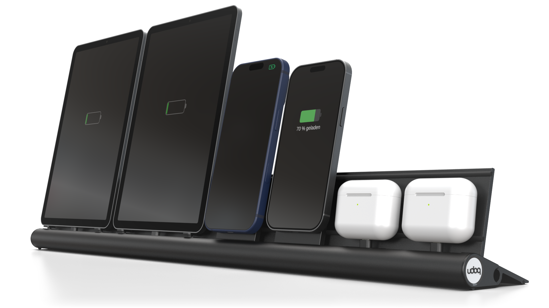 udoq 700 PREMIUM schwarz - 6 fach Ladestation gefräst und eloxiert aus solidem Aluminium. Exklusives Design mit patentierten verschiebbaren Anschlüssen. Lade platzsparend alle iPad, iPhone, AirPods, Apple Watch und Android Geräte mit bis zu 136W.