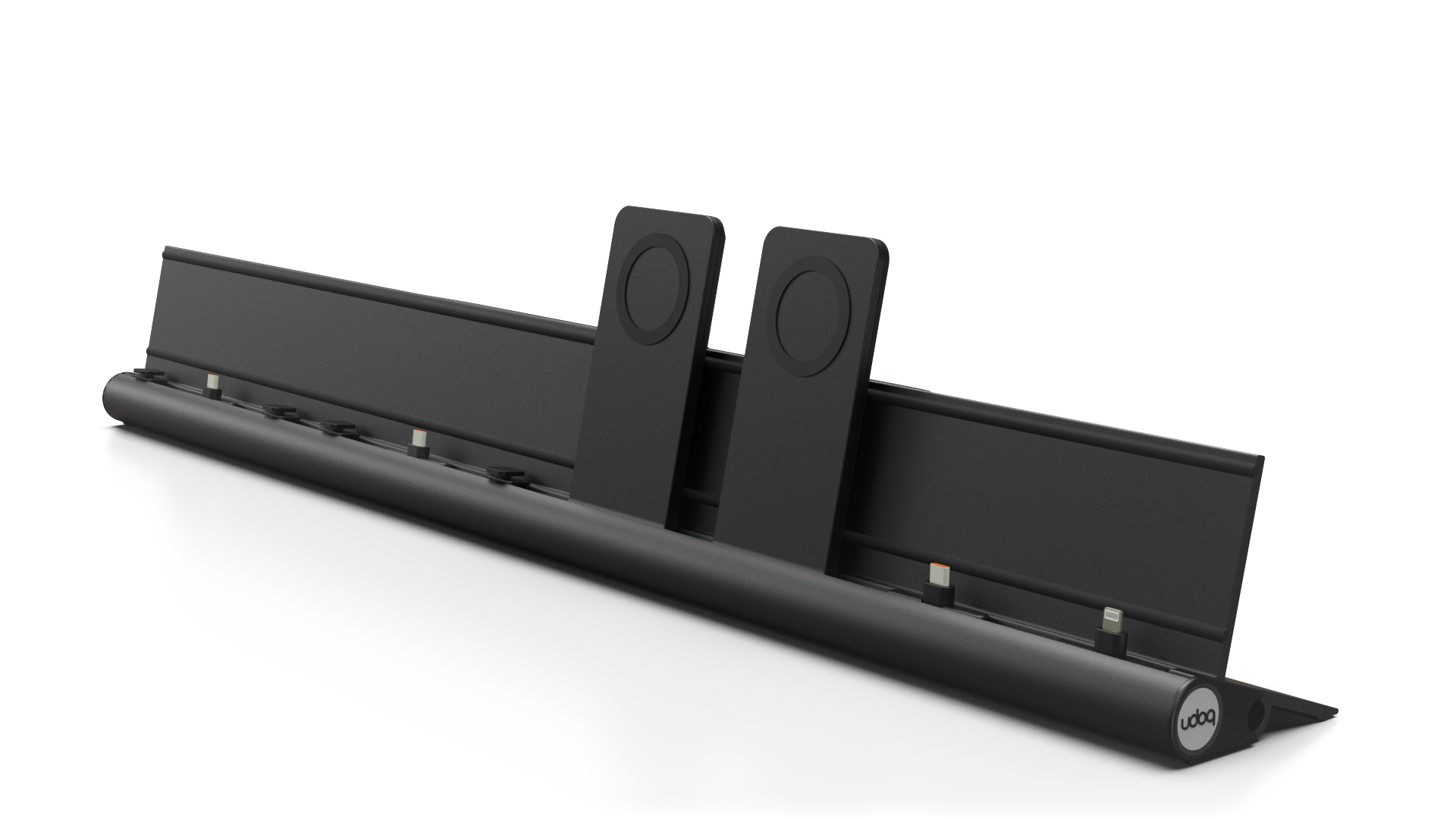 udoq 700 PREMIUM schwarz - 6 fach Ladestation gefräst und eloxiert aus solidem Aluminium. Exklusives Design mit patentierten verschiebbaren Anschlüssen. Lade platzsparend alle iPad, iPhone, AirPods, Apple Watch und Android Geräte mit bis zu 136W.