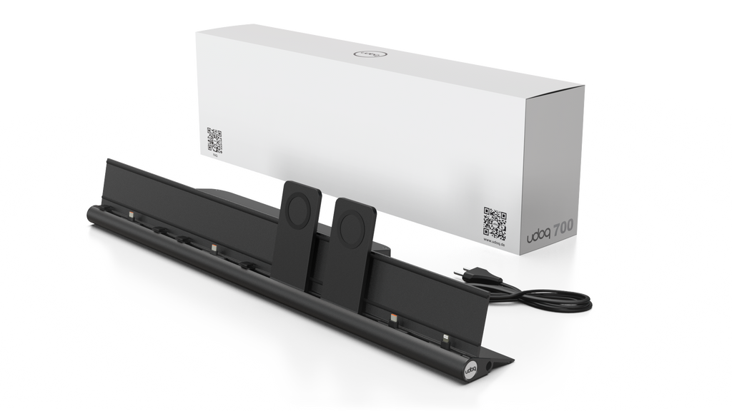 udoq 700 PREMIUM schwarz - 6 fach Ladestation gefräst und eloxiert aus solidem Aluminium. Exklusives Design mit patentierten verschiebbaren Anschlüssen. Lade platzsparend alle iPad, iPhone, AirPods, Apple Watch und Android Geräte mit bis zu 136W.