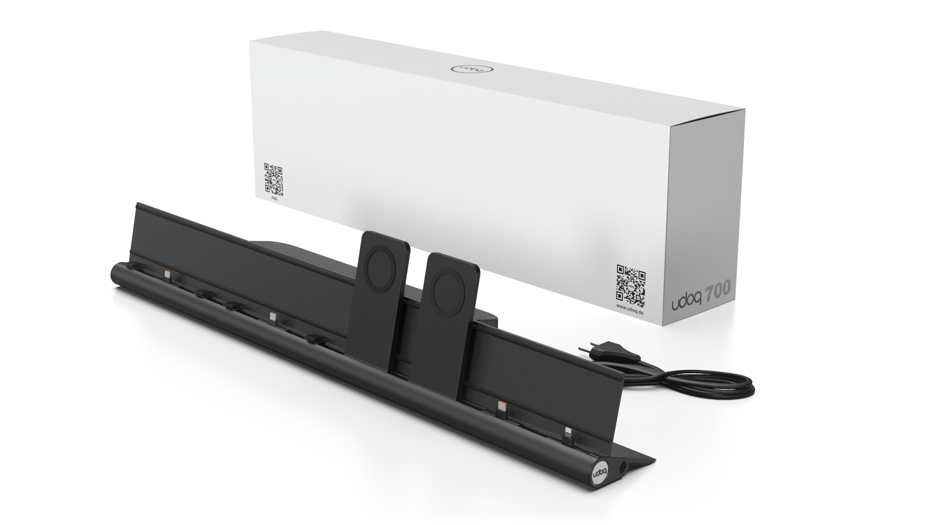 udoq 700 PREMIUM schwarz - 6 fach Ladestation gefräst und eloxiert aus solidem Aluminium. Exklusives Design mit patentierten verschiebbaren Anschlüssen. Lade platzsparend alle iPad, iPhone, AirPods, Apple Watch und Android Geräte mit bis zu 136W.