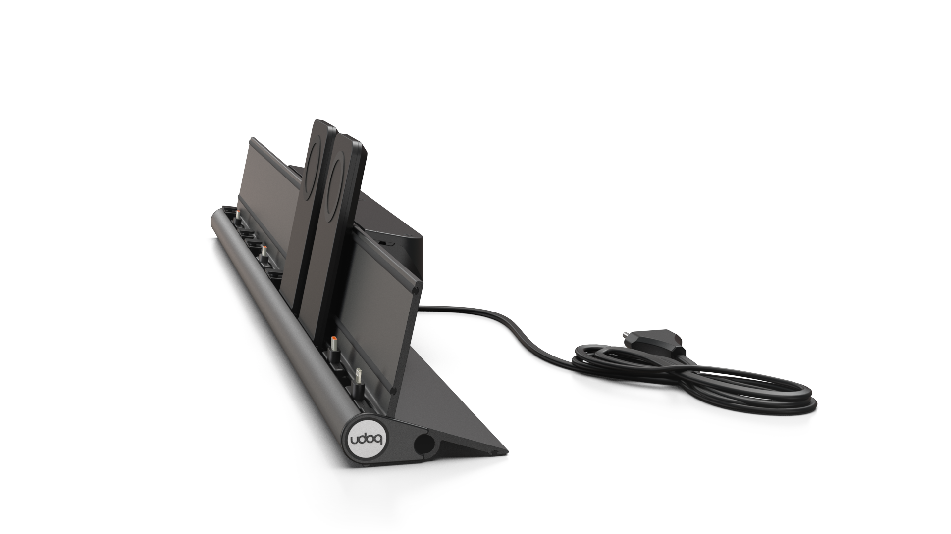 udoq 700 PREMIUM schwarz - 6 fach Ladestation gefräst und eloxiert aus solidem Aluminium. Exklusives Design mit patentierten verschiebbaren Anschlüssen. Lade platzsparend alle iPad, iPhone, AirPods, Apple Watch und Android Geräte mit bis zu 136W.