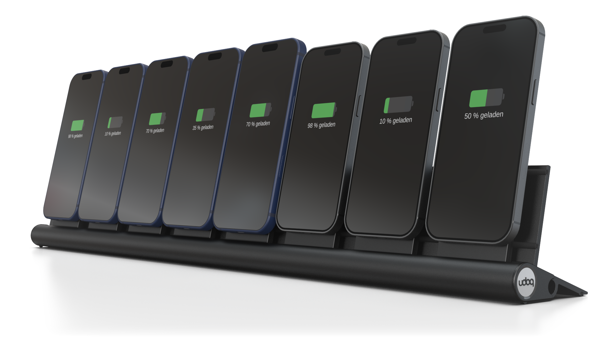 udoq 700 PRO schwarz - 8 fach Magnetic Ladestation gefräst und eloxiert aus solidem Aluminium. Exklusives Design mit patentierten verschiebbaren Anschlüssen. Lade platzsparend alle iPhones und AirPods, Apple Watch und Android Geräte mit bis zu 136W.