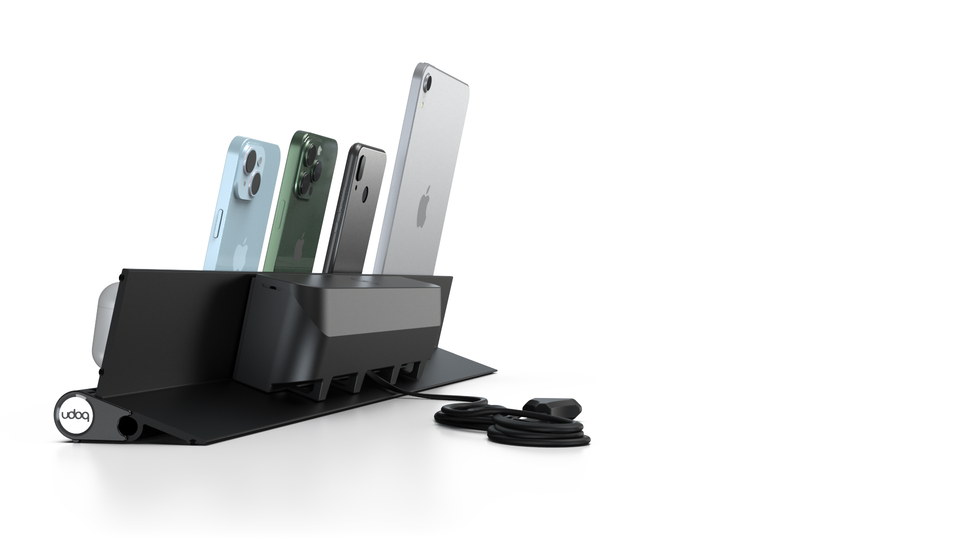 udoq 700 STARTER schwarz - 5 fach Ladestation gefräst und eloxiert aus solidem Aluminium. Exklusives Design mit patentierten verschiebbaren Anschlüssen. Lade platzsparend alle iPad, iPhone, AirPods, Apple Watch und Android Geräte mit bis zu 136W.