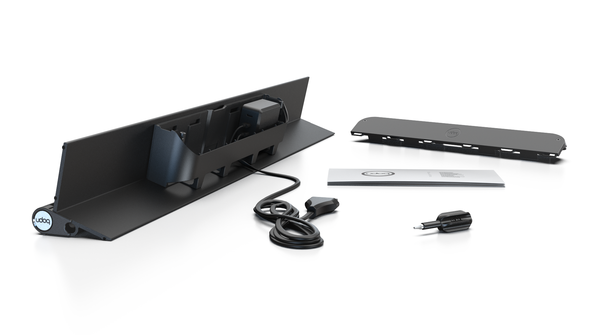 udoq 700 STARTER schwarz - 4 fach Ladestation gefräst und eloxiert aus solidem Aluminium. Exklusives Design mit patentierten verschiebbaren Anschlüssen. Lade platzsparend alle iPad, iPhone, AirPods, Apple Watch und Android Geräte mit bis zu 136W.