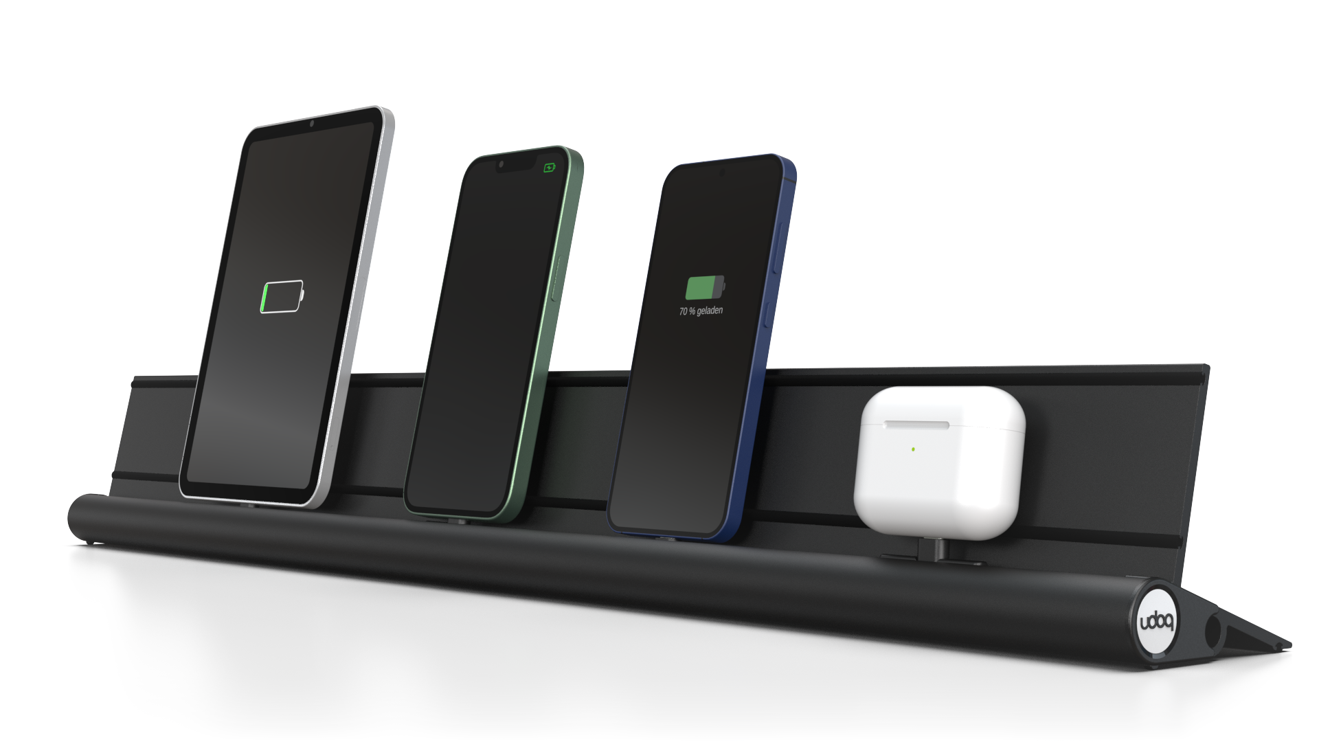 udoq 700 STARTER schwarz - 4 fach Ladestation gefräst und eloxiert aus solidem Aluminium. Exklusives Design mit patentierten verschiebbaren Anschlüssen. Lade platzsparend alle iPad, iPhone, AirPods, Apple Watch und Android Geräte mit bis zu 136W.