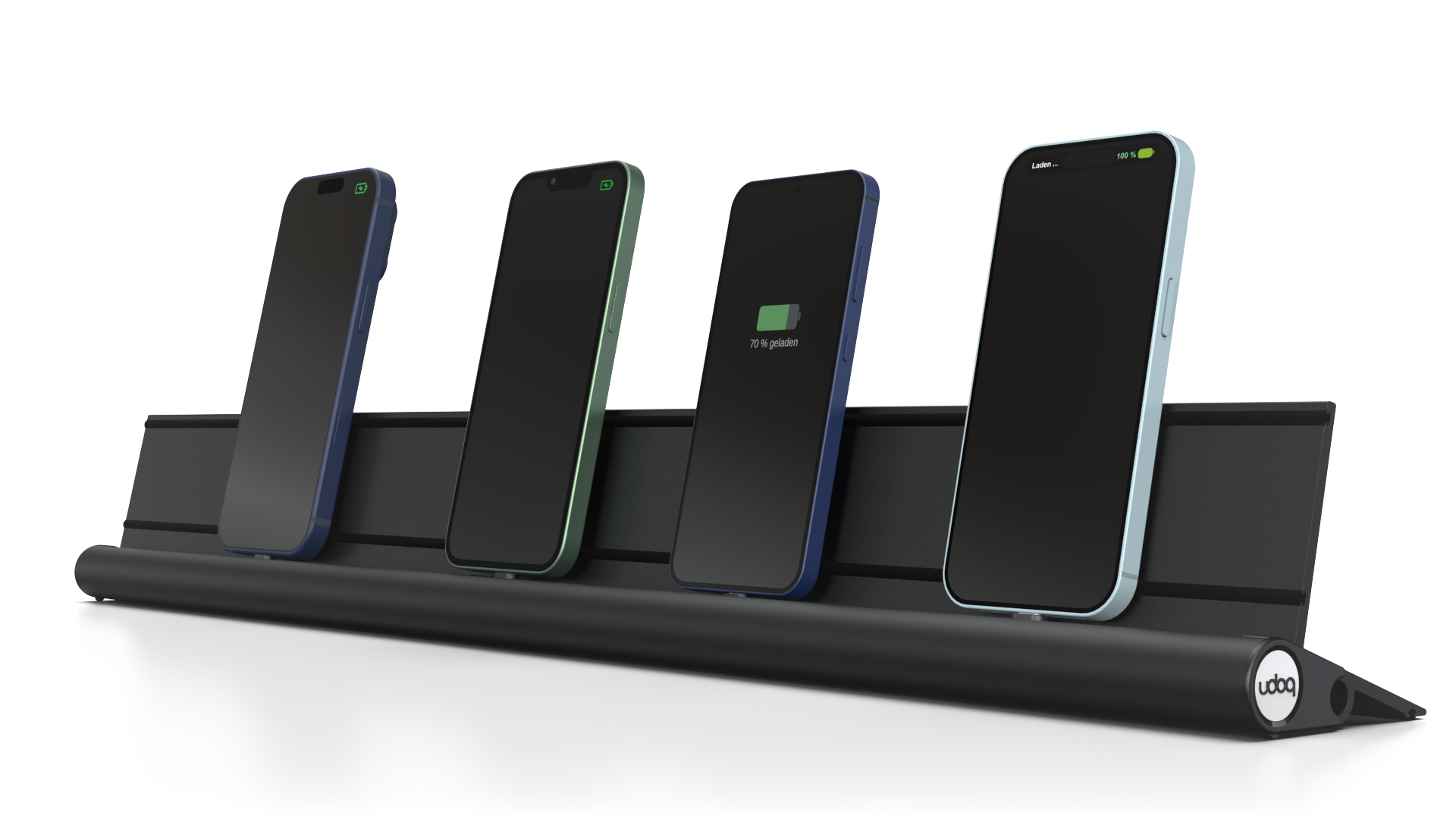 udoq 700 STARTER schwarz - 4 fach Ladestation gefräst und eloxiert aus solidem Aluminium. Exklusives Design mit patentierten verschiebbaren Anschlüssen. Lade platzsparend alle iPad, iPhone, AirPods, Apple Watch und Android Geräte mit bis zu 136W.