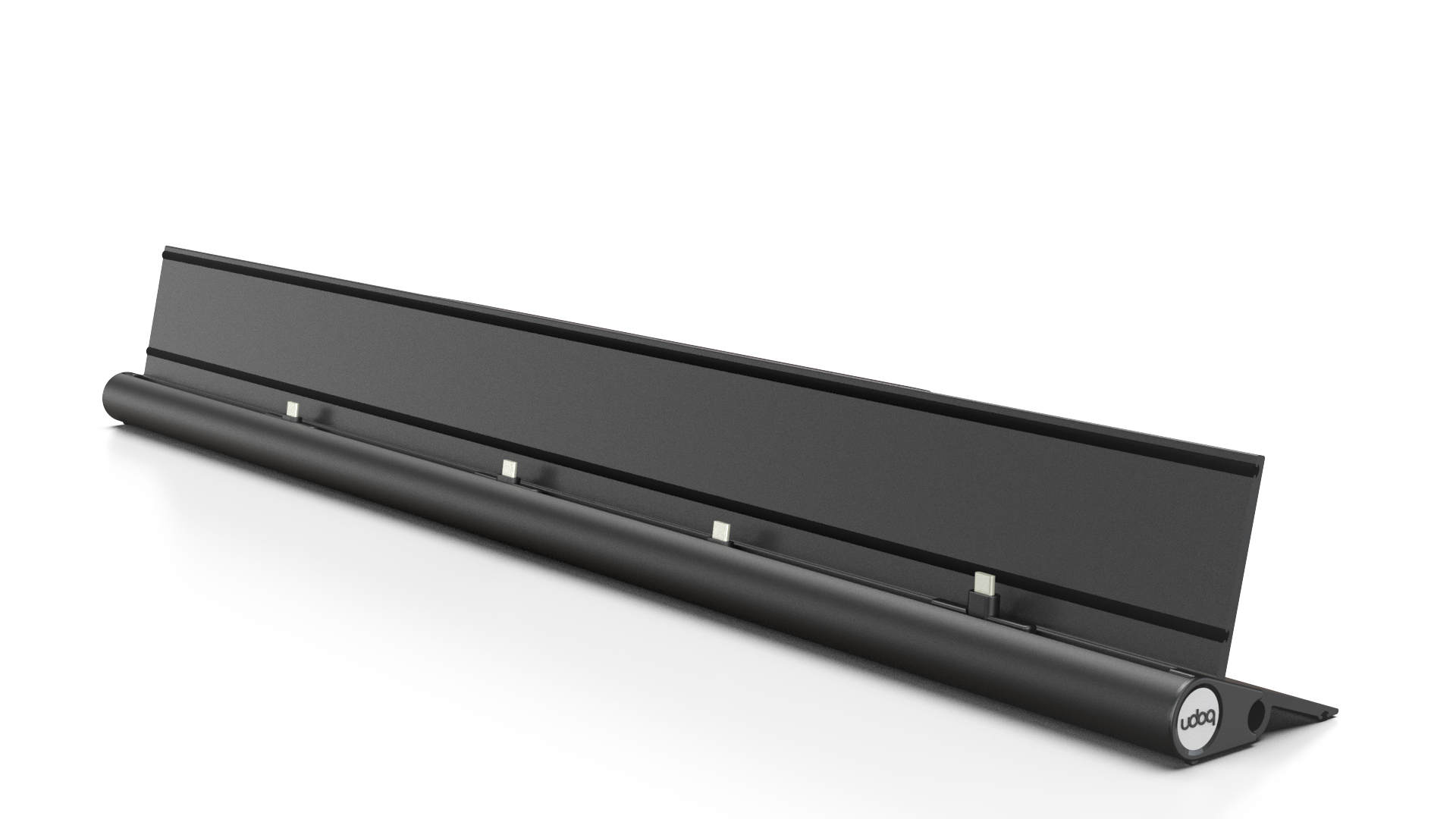 udoq 700 STARTER schwarz - 4 fach Ladestation gefräst und eloxiert aus solidem Aluminium. Exklusives Design mit patentierten verschiebbaren Anschlüssen. Lade platzsparend alle iPad, iPhone, AirPods, Apple Watch und Android Geräte mit bis zu 136W.