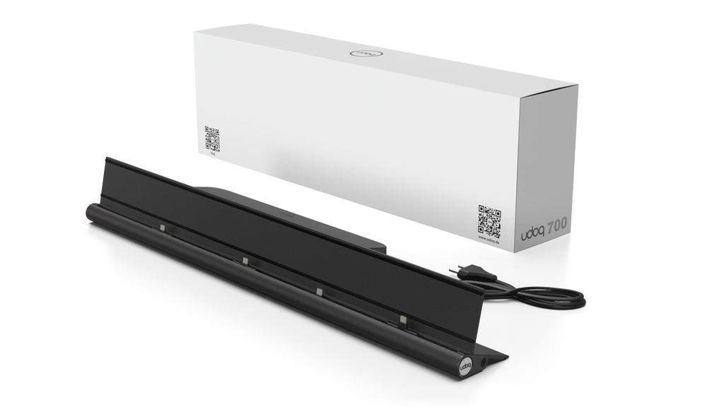 udoq 700 STARTER schwarz - 4 fach Ladestation gefräst und eloxiert aus solidem Aluminium. Exklusives Design mit patentierten verschiebbaren Anschlüssen. Lade platzsparend alle iPad, iPhone, AirPods, Apple Watch und Android Geräte mit bis zu 136W.