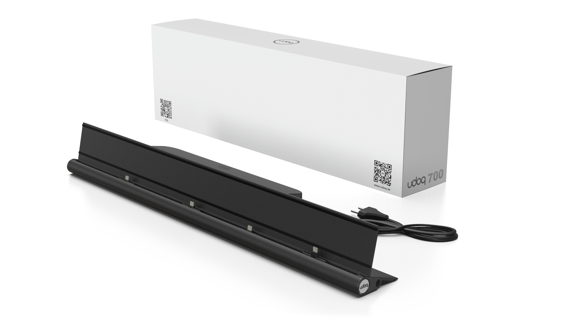 udoq 700 STARTER schwarz - 4 fach Ladestation gefräst und eloxiert aus solidem Aluminium. Exklusives Design mit patentierten verschiebbaren Anschlüssen. Lade platzsparend alle iPad, iPhone, AirPods, Apple Watch und Android Geräte mit bis zu 136W.