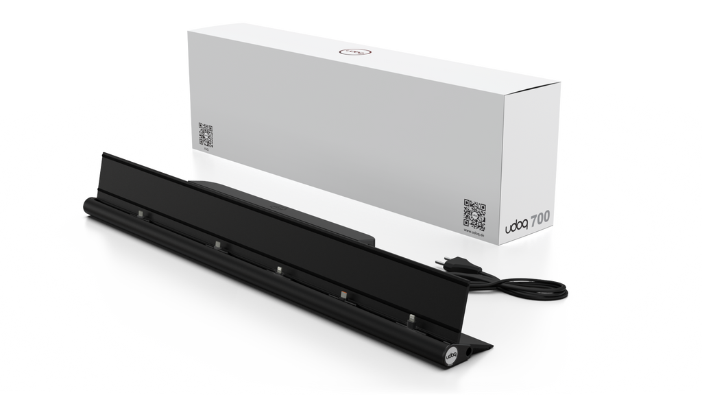 udoq 700 STARTER schwarz - 5 fach Ladestation gefräst und eloxiert aus solidem Aluminium. Exklusives Design mit patentierten verschiebbaren Anschlüssen. Lade platzsparend alle iPad, iPhone, AirPods, Apple Watch und Android Geräte mit bis zu 136W.