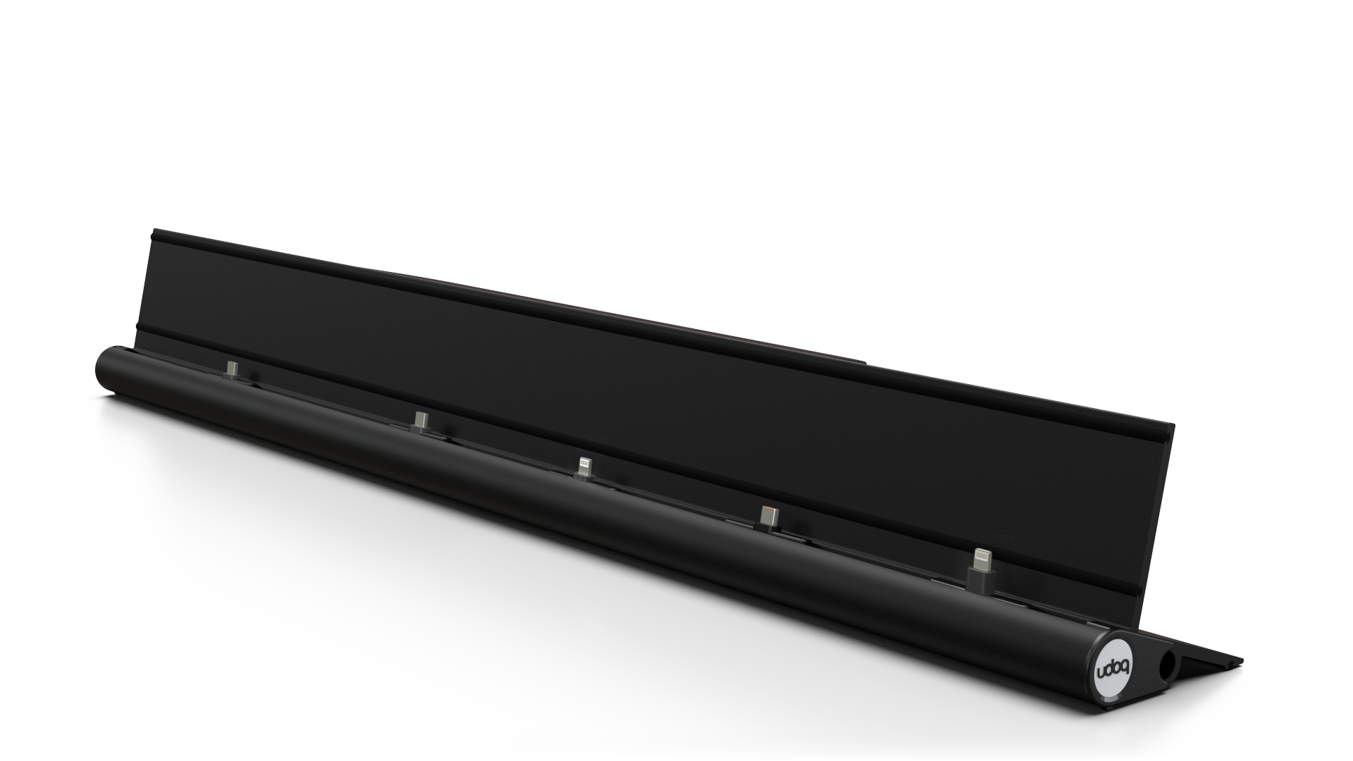 udoq 700 STARTER schwarz - 5 fach Ladestation gefräst und eloxiert aus solidem Aluminium. Exklusives Design mit patentierten verschiebbaren Anschlüssen. Lade platzsparend alle iPad, iPhone, AirPods, Apple Watch und Android Geräte mit bis zu 136W.