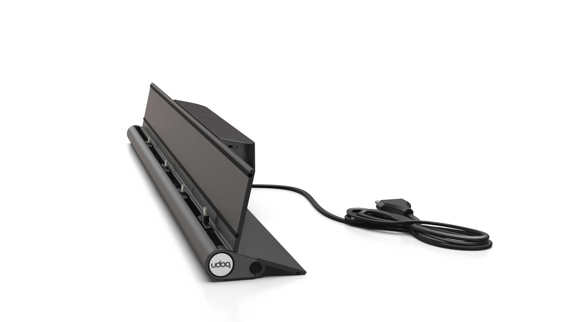 udoq 700 STARTER schwarz - 4 fach Ladestation gefräst und eloxiert aus solidem Aluminium. Exklusives Design mit patentierten verschiebbaren Anschlüssen. Lade platzsparend alle iPad, iPhone, AirPods, Apple Watch und Android Geräte mit bis zu 136W.