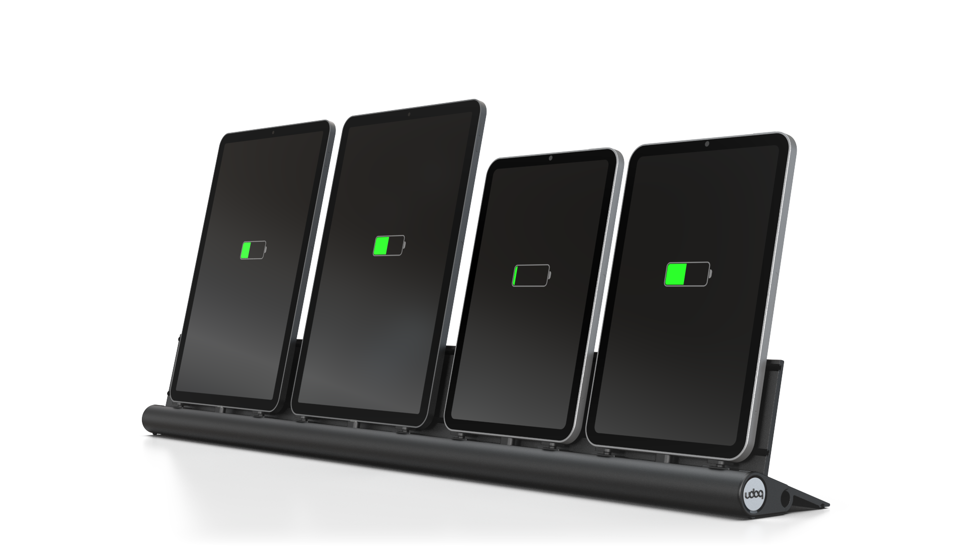 udoq 700 TABLET USB-C schwarz - 4 fach Ladestation gefräst und eloxiert aus solidem Aluminium. Exklusives Design mit patentierten verschiebbaren Anschlüssen. Lade platzsparend alle iPad, iPhone, AirPods, Apple Watch und Android Geräte mit bis zu 136W.