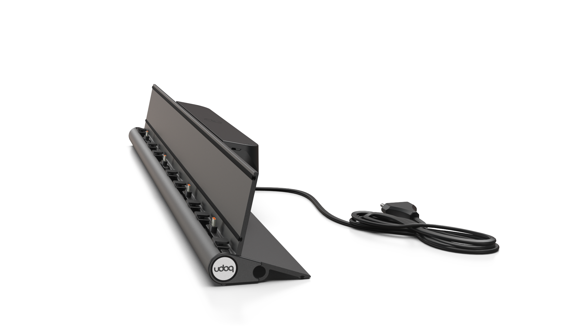 udoq 700 TABLET USB-C schwarz - 4 fach Ladestation gefräst und eloxiert aus solidem Aluminium. Exklusives Design mit patentierten verschiebbaren Anschlüssen. Lade platzsparend alle iPad, iPhone, AirPods, Apple Watch und Android Geräte mit bis zu 136W.