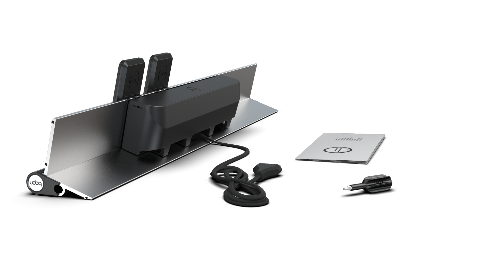 udoq 700 PREMIUM silber - 6 fach Ladestation gefräst und eloxiert aus solidem Aluminium. Exklusives Design mit patentierten verschiebbaren Anschlüssen. Lade platzsparend alle iPad, iPhone, AirPods, Apple Watch und Android Geräte mit bis zu 136W.