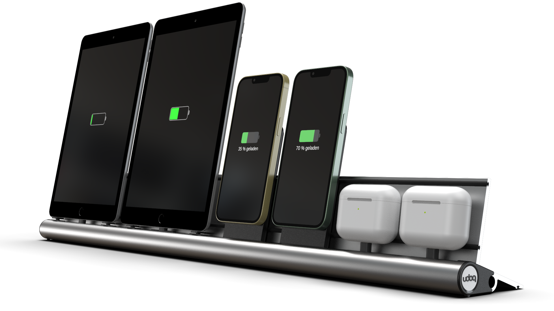 udoq 700 PREMIUM silber - 6 fach Ladestation gefräst und eloxiert aus solidem Aluminium. Exklusives Design mit patentierten verschiebbaren Anschlüssen. Lade platzsparend alle iPad, iPhone, AirPods, Apple Watch und Android Geräte mit bis zu 136W.