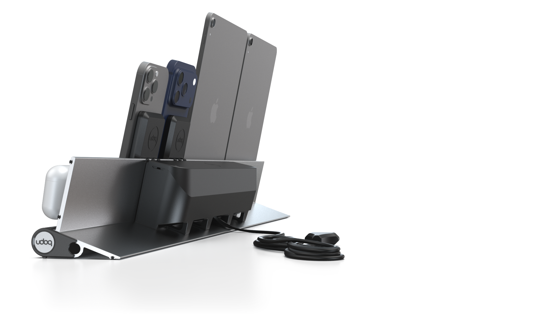 udoq 700 PREMIUM silber - 6 fach Ladestation gefräst und eloxiert aus solidem Aluminium. Exklusives Design mit patentierten verschiebbaren Anschlüssen. Lade platzsparend alle iPad, iPhone, AirPods, Apple Watch und Android Geräte mit bis zu 136W.