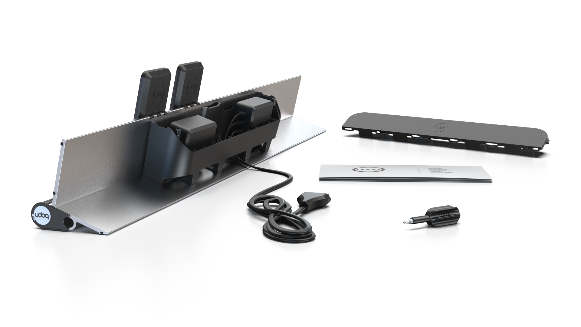 udoq 700 PREMIUM silber - 6 fach Ladestation gefräst und eloxiert aus solidem Aluminium. Exklusives Design mit patentierten verschiebbaren Anschlüssen. Lade platzsparend alle iPad, iPhone, AirPods, Apple Watch und Android Geräte mit bis zu 136W.