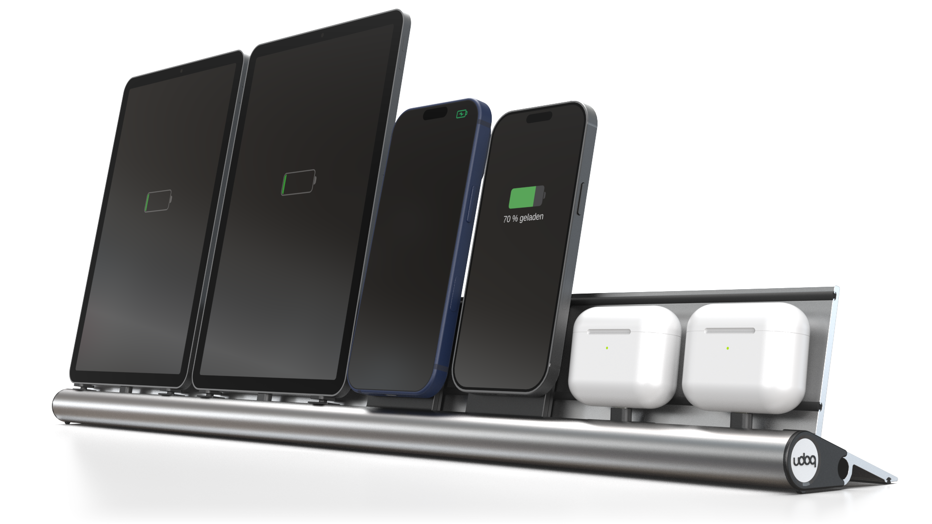 udoq 700 PREMIUM silber - 6 fach Ladestation gefräst und eloxiert aus solidem Aluminium. Exklusives Design mit patentierten verschiebbaren Anschlüssen. Lade platzsparend alle iPad, iPhone, AirPods, Apple Watch und Android Geräte mit bis zu 136W.