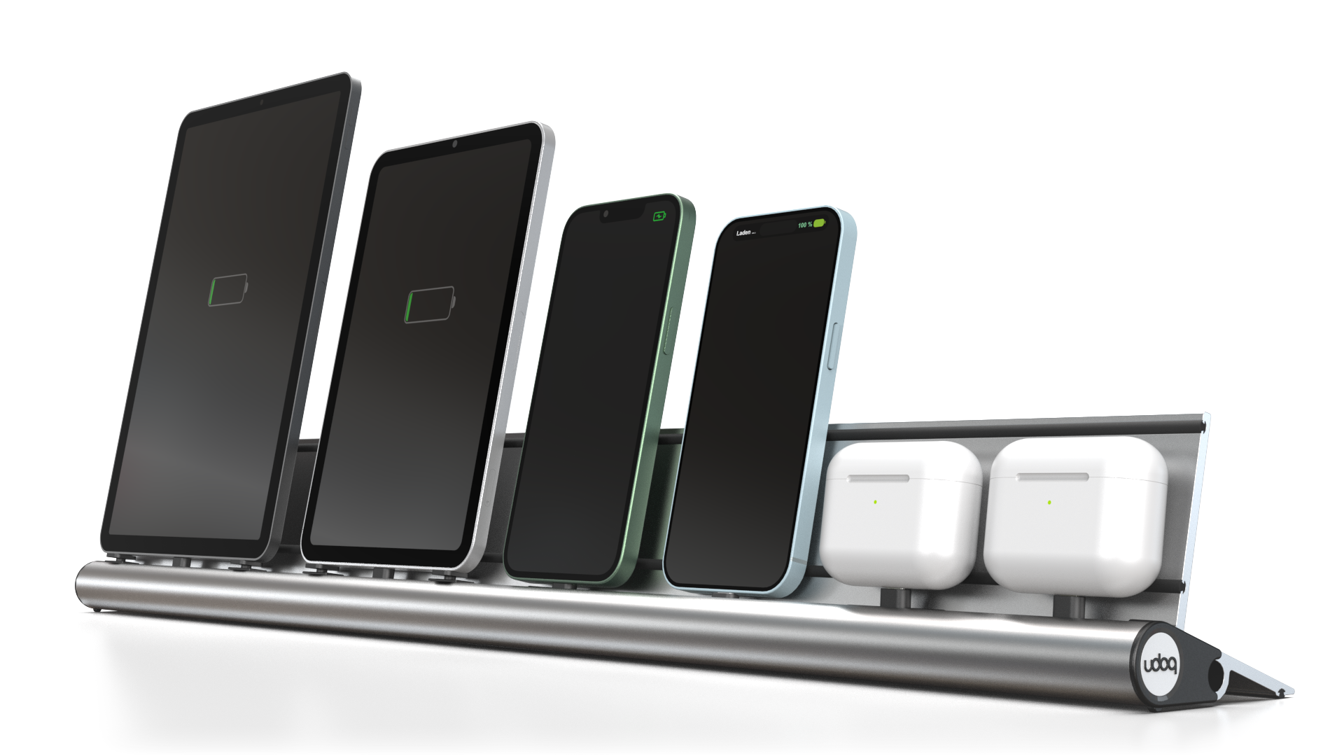 udoq 700 PREMIUM silber - 6 fach Ladestation gefräst und eloxiert aus solidem Aluminium. Exklusives Design mit patentierten verschiebbaren Anschlüssen. Lade platzsparend alle iPad, iPhone, AirPods, Apple Watch und Android Geräte mit bis zu 136W.