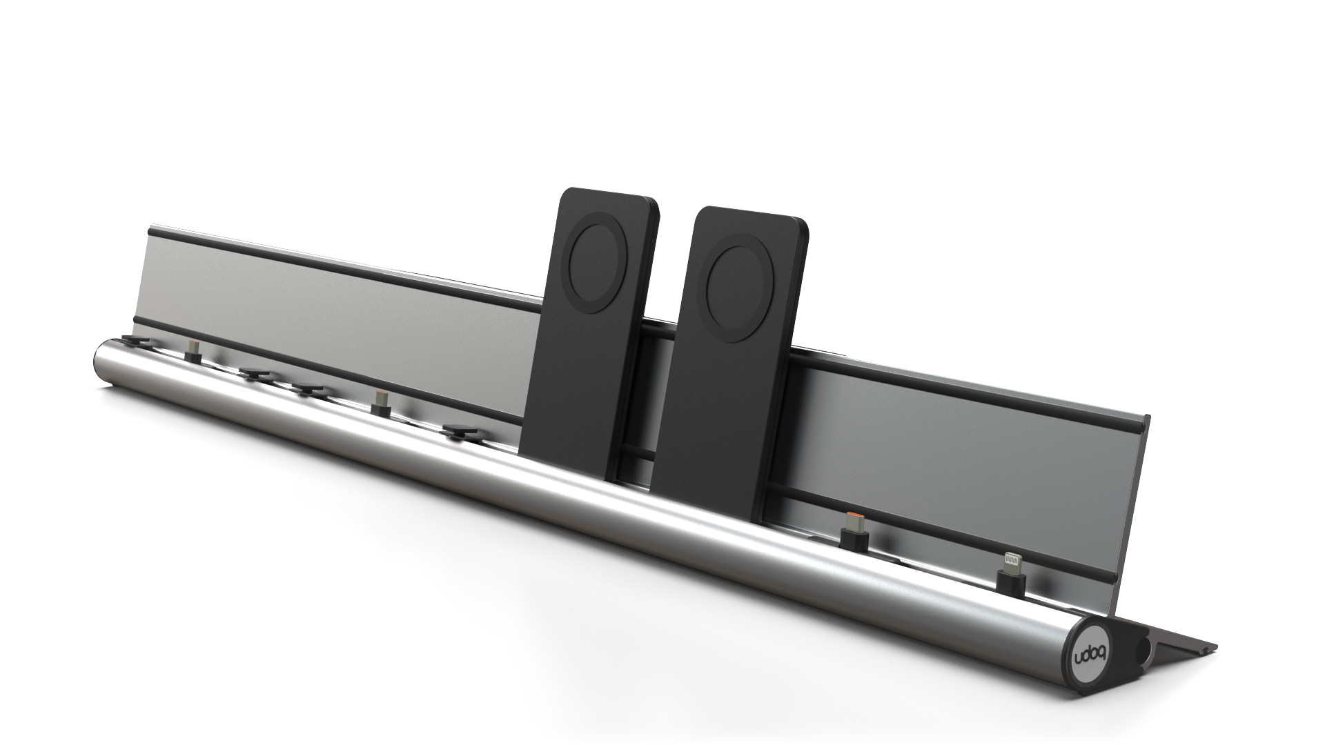 udoq 700 PREMIUM silber - 6 fach Ladestation gefräst und eloxiert aus solidem Aluminium. Exklusives Design mit patentierten verschiebbaren Anschlüssen. Lade platzsparend alle iPad, iPhone, AirPods, Apple Watch und Android Geräte mit bis zu 136W.