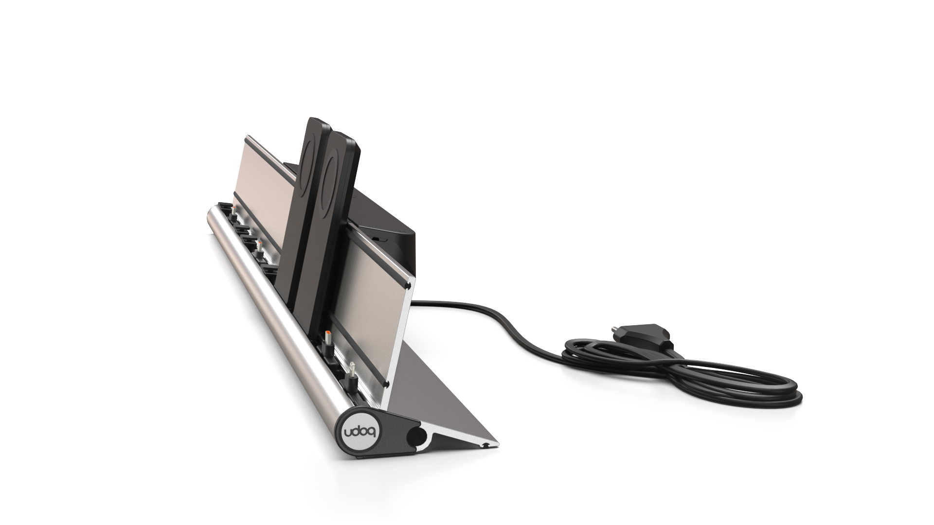 udoq 700 PREMIUM silber - 6 fach Ladestation gefräst und eloxiert aus solidem Aluminium. Exklusives Design mit patentierten verschiebbaren Anschlüssen. Lade platzsparend alle iPad, iPhone, AirPods, Apple Watch und Android Geräte mit bis zu 136W.