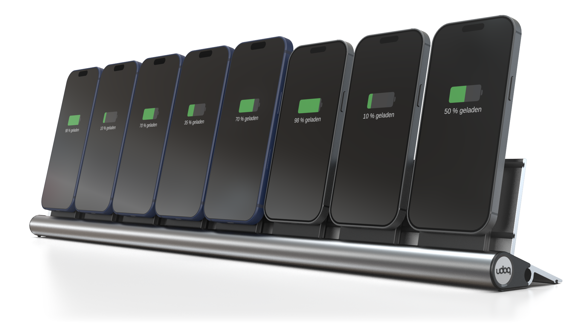 udoq 700 PRO silber - 8 fach Magnetic Ladestation gefräst und eloxiert aus solidem Aluminium. Exklusives Design mit patentierten verschiebbaren Anschlüssen. Lade platzsparend alle iPhones und AirPods, Apple Watch und Android Geräte mit bis zu 136W.