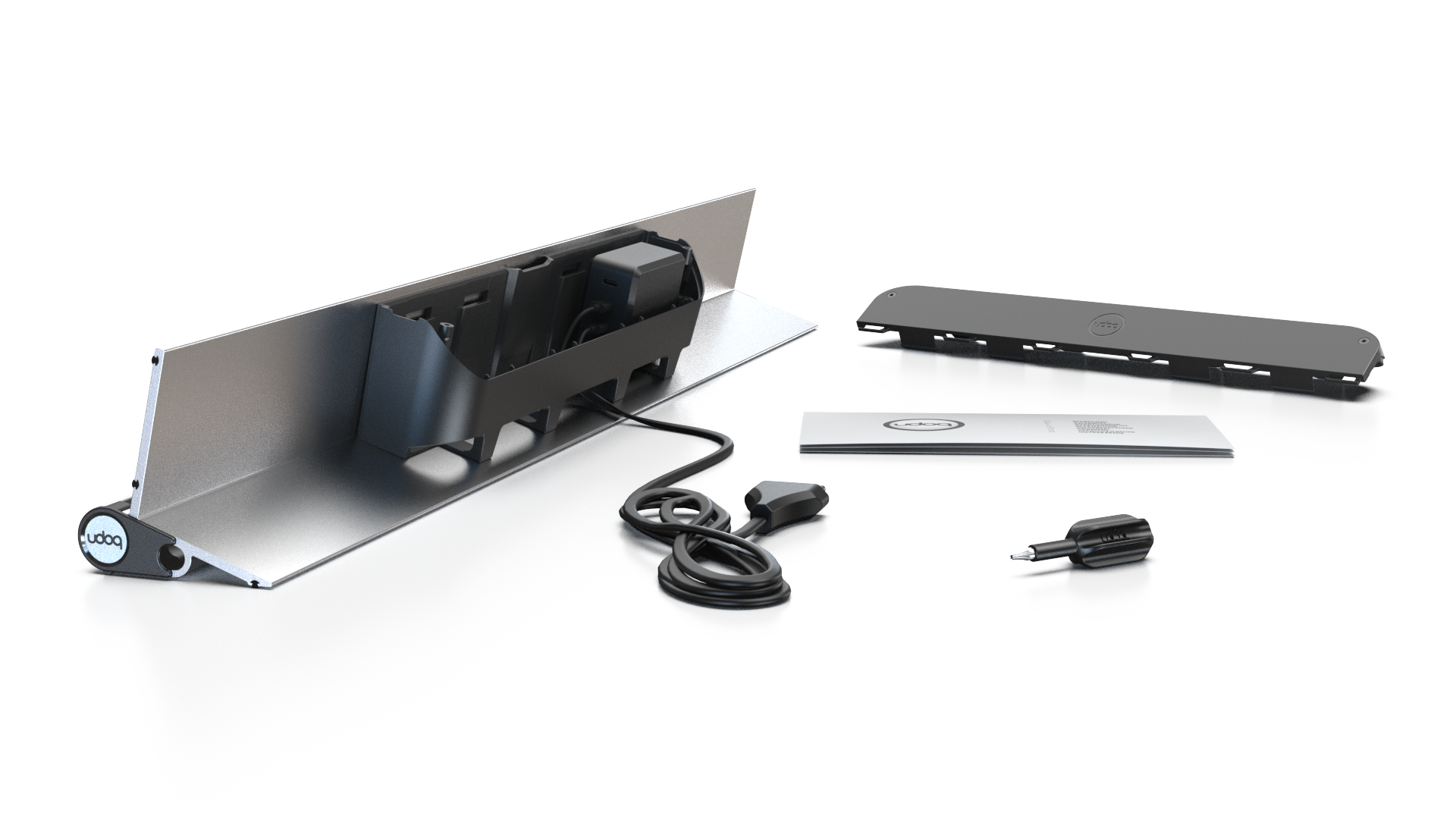 udoq 700 STARTER silber - 4 fach Ladestation gefräst und eloxiert aus solidem Aluminium. Exklusives Design mit patentierten verschiebbaren Anschlüssen. Lade platzsparend alle iPad, iPhone, AirPods, Apple Watch und Android Geräte mit bis zu 136W.