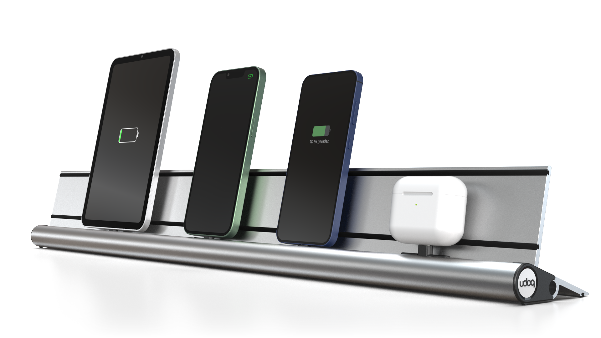 udoq 700 STARTER silber - 4 fach Ladestation gefräst und eloxiert aus solidem Aluminium. Exklusives Design mit patentierten verschiebbaren Anschlüssen. Lade platzsparend alle iPad, iPhone, AirPods, Apple Watch und Android Geräte mit bis zu 136W.