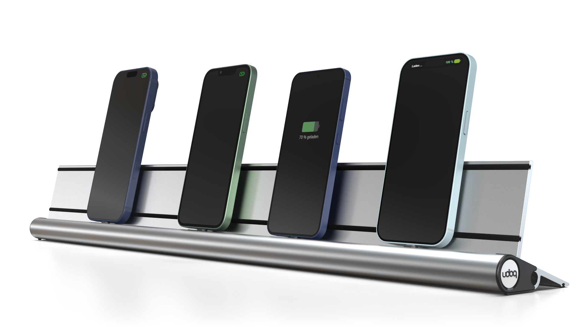udoq 700 STARTER silber - 4 fach Ladestation gefräst und eloxiert aus solidem Aluminium. Exklusives Design mit patentierten verschiebbaren Anschlüssen. Lade platzsparend alle iPad, iPhone, AirPods, Apple Watch und Android Geräte mit bis zu 136W.