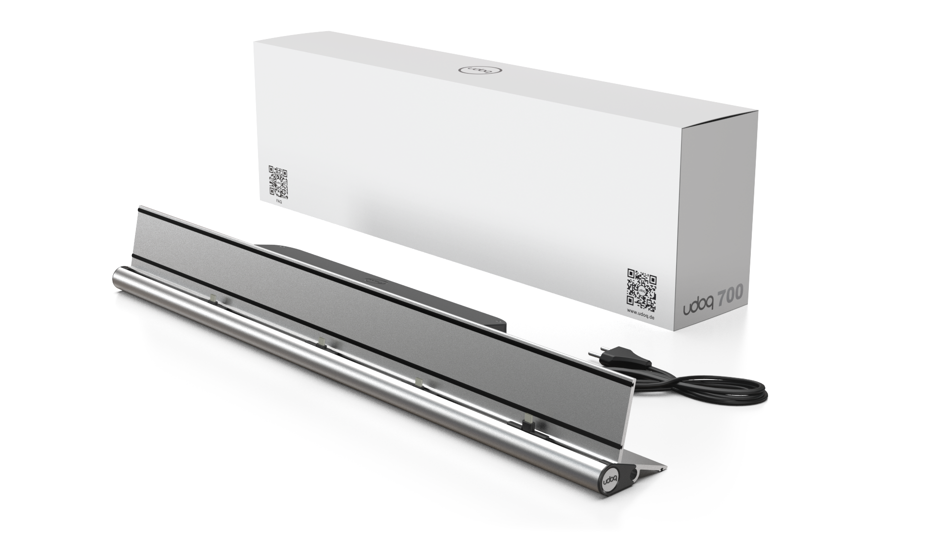 udoq 700 STARTER silber - 4 fach Ladestation gefräst und eloxiert aus solidem Aluminium. Exklusives Design mit patentierten verschiebbaren Anschlüssen. Lade platzsparend alle iPad, iPhone, AirPods, Apple Watch und Android Geräte mit bis zu 136W.