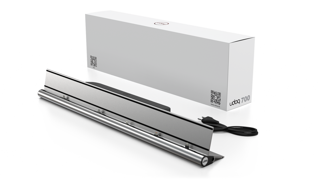 udoq 700 STARTER silber - 5 fach Ladestation gefräst und eloxiert aus solidem Aluminium. Exklusives Design mit patentierten verschiebbaren Anschlüssen. Lade platzsparend alle iPad, iPhone, AirPods, Apple Watch und Android Geräte mit bis zu 136W.