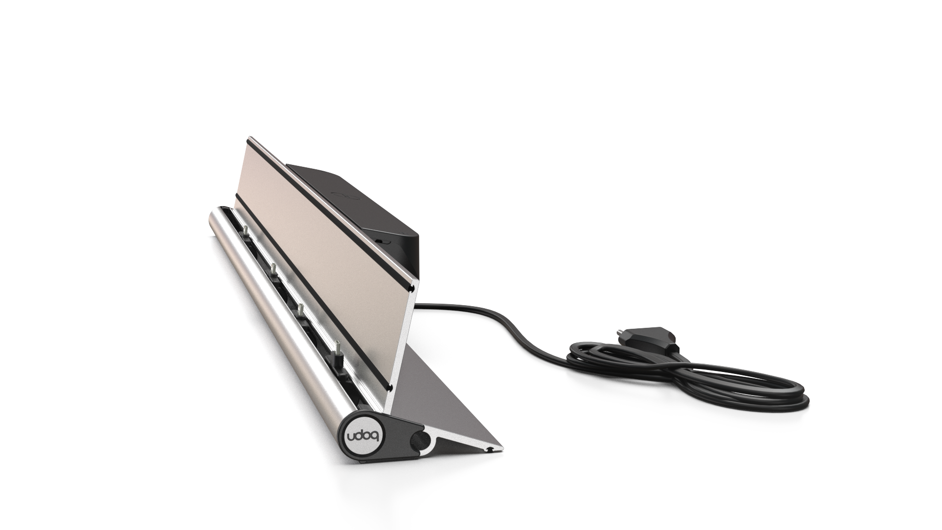 udoq 700 STARTER silber - 4 fach Ladestation gefräst und eloxiert aus solidem Aluminium. Exklusives Design mit patentierten verschiebbaren Anschlüssen. Lade platzsparend alle iPad, iPhone, AirPods, Apple Watch und Android Geräte mit bis zu 136W.