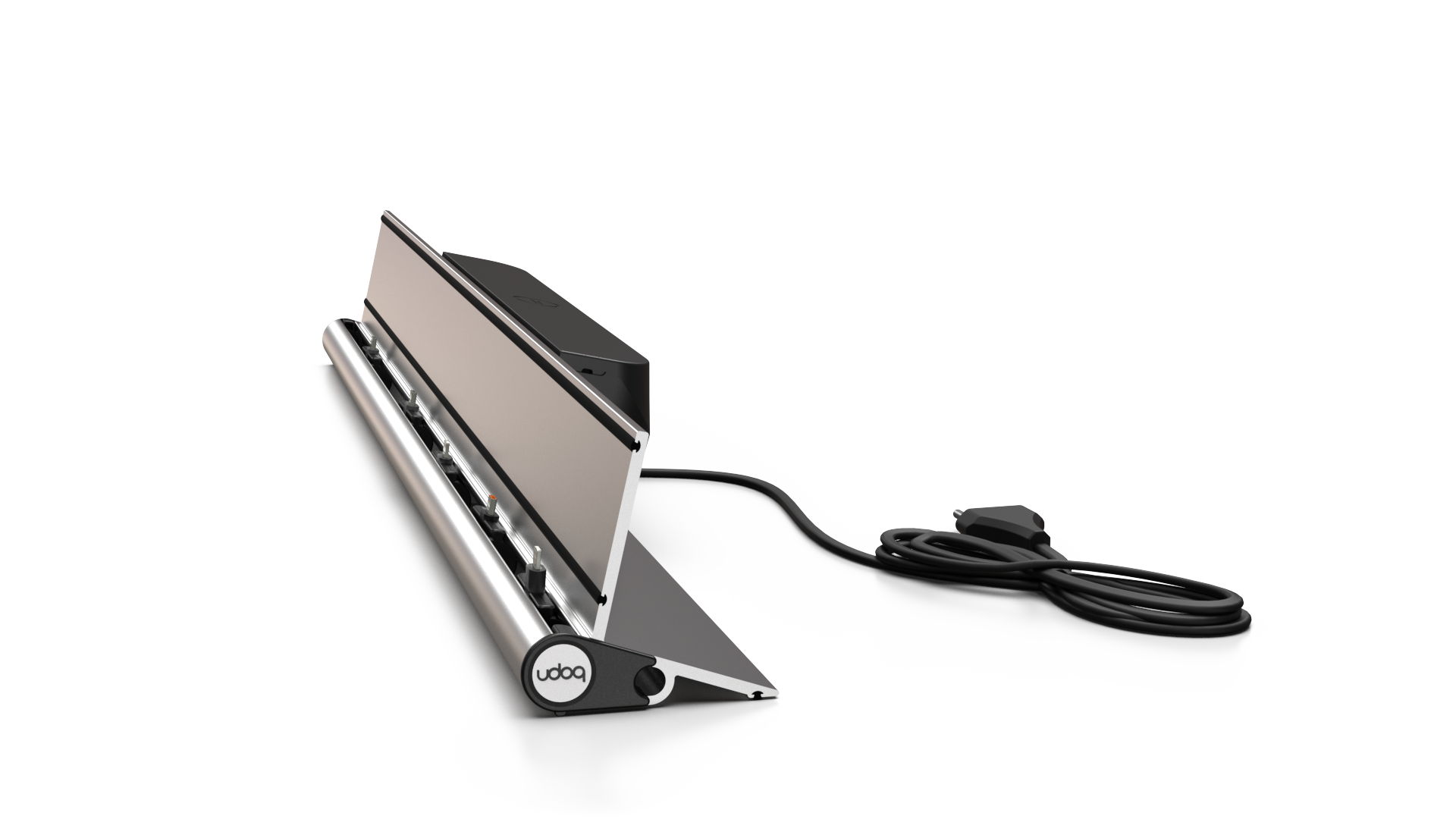 udoq 700 STARTER silber - 5 fach Ladestation gefräst und eloxiert aus solidem Aluminium. Exklusives Design mit patentierten verschiebbaren Anschlüssen. Lade platzsparend alle iPad, iPhone, AirPods, Apple Watch und Android Geräte mit bis zu 136W.