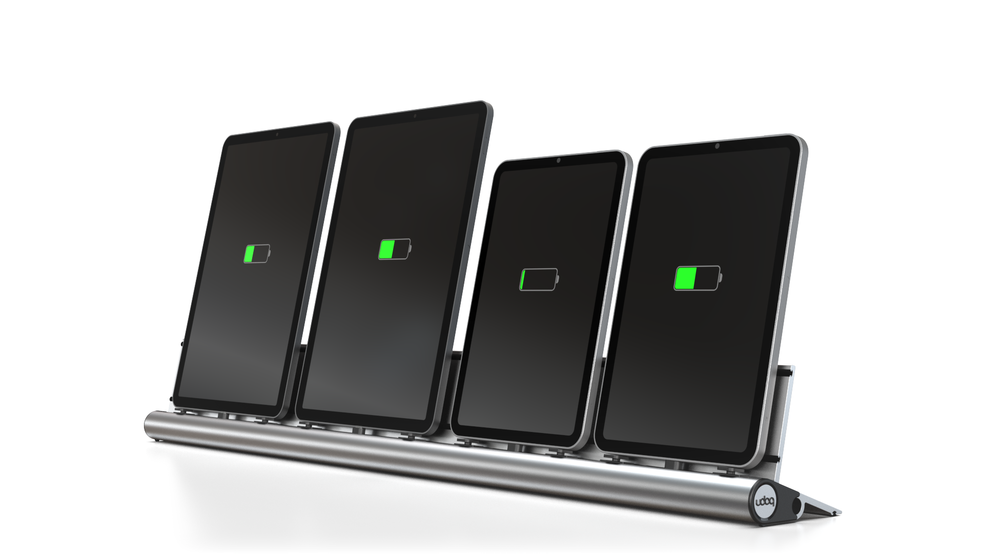 udoq 700 TABLET USB-C silber - 4 fach Ladestation gefräst und eloxiert aus solidem Aluminium. Exklusives Design mit patentierten verschiebbaren Anschlüssen. Lade platzsparend alle iPad, iPhone, AirPods, Apple Watch und Android Geräte mit bis zu 136W.